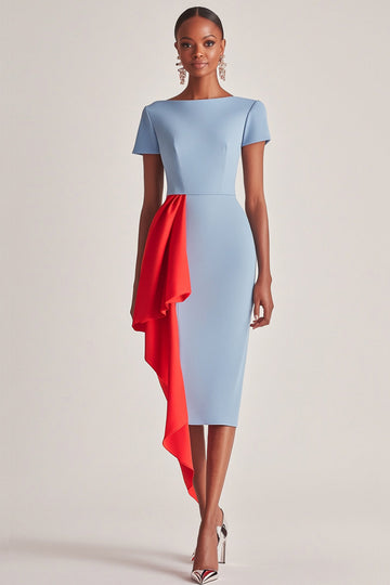 Bleu Manches Courtes Fourreau Satin Longueur Thé Robe Mère de la Mariée